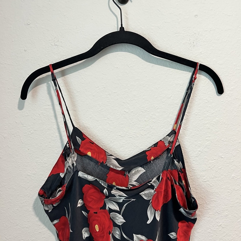 Vintage 90's Slip Dress Chemise Medium 100% Silk Black Floral Satin Babydoll - Picture 6 of 15